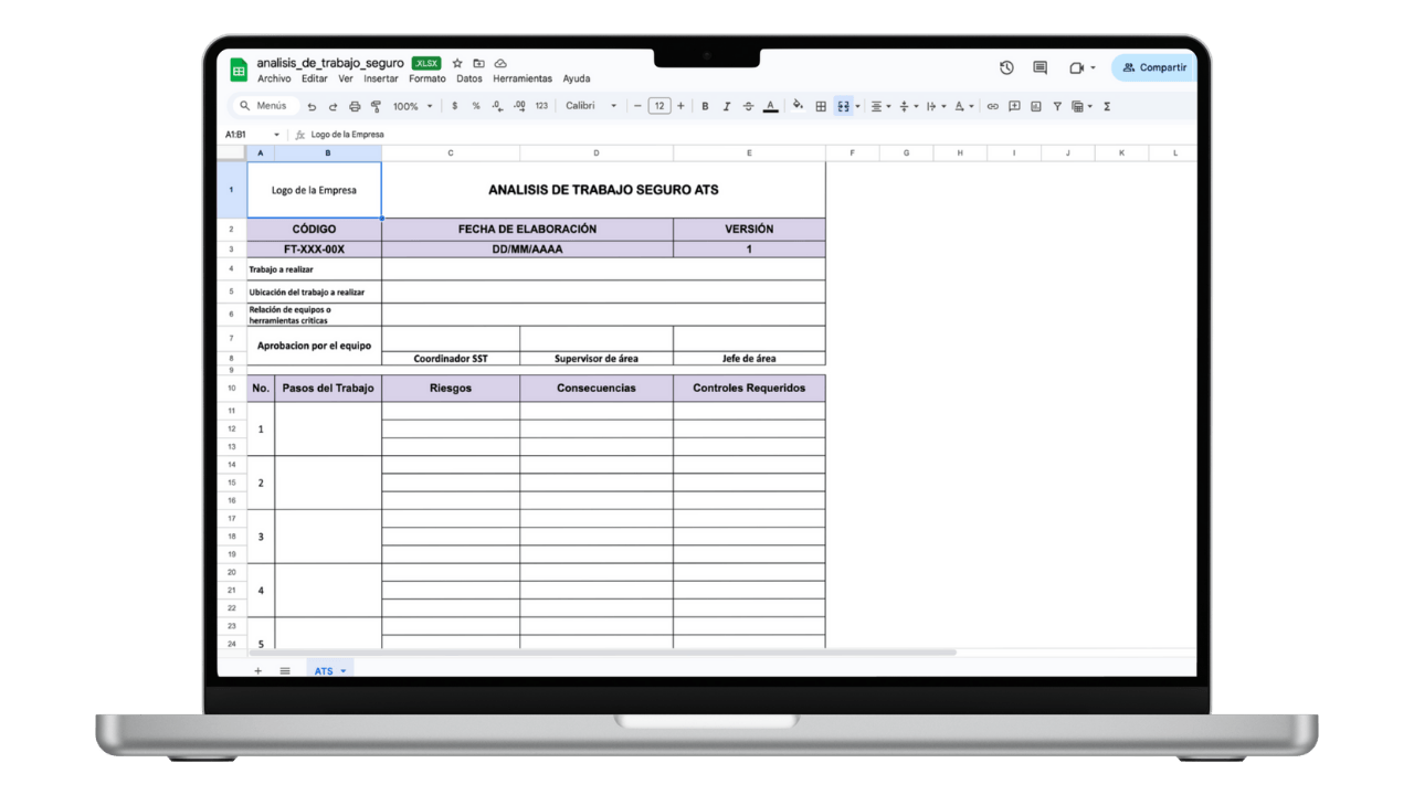 Vista previa de Formato ATS (Análisis de Trabajo Seguro) en Excel
