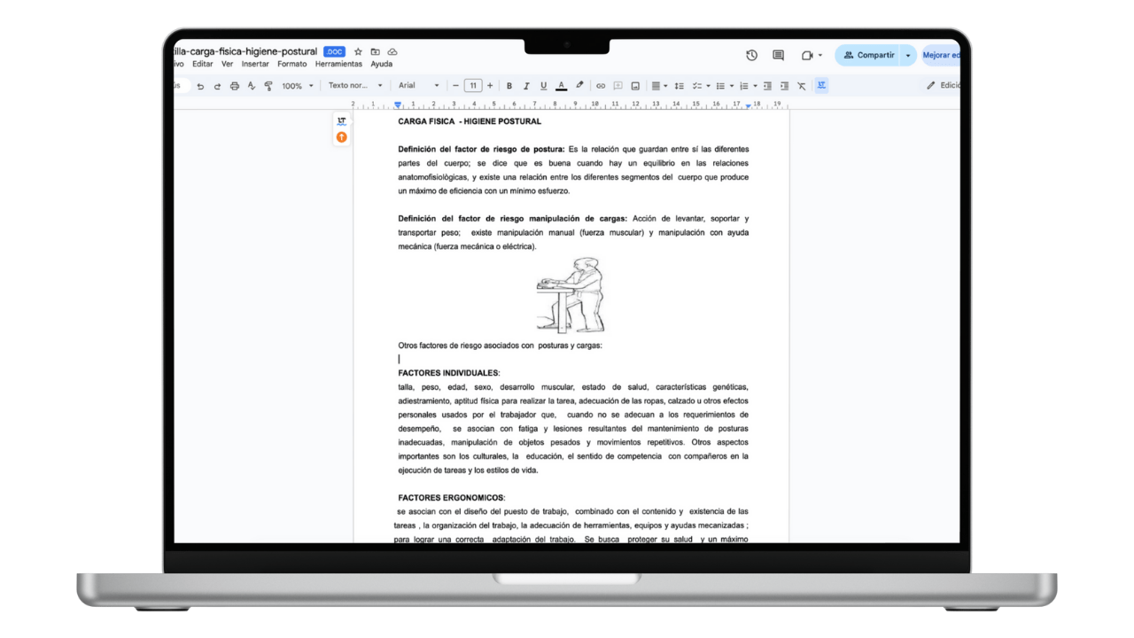 Vista previa de Cartilla de Carga Física e Higiene Postural (Word)