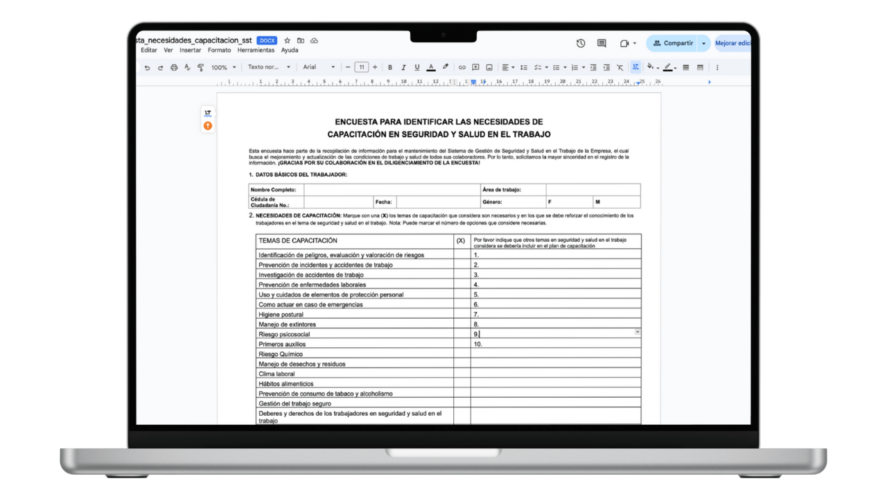 Vista previa de Encuesta de Necesidades de Capacitación SST (Word)