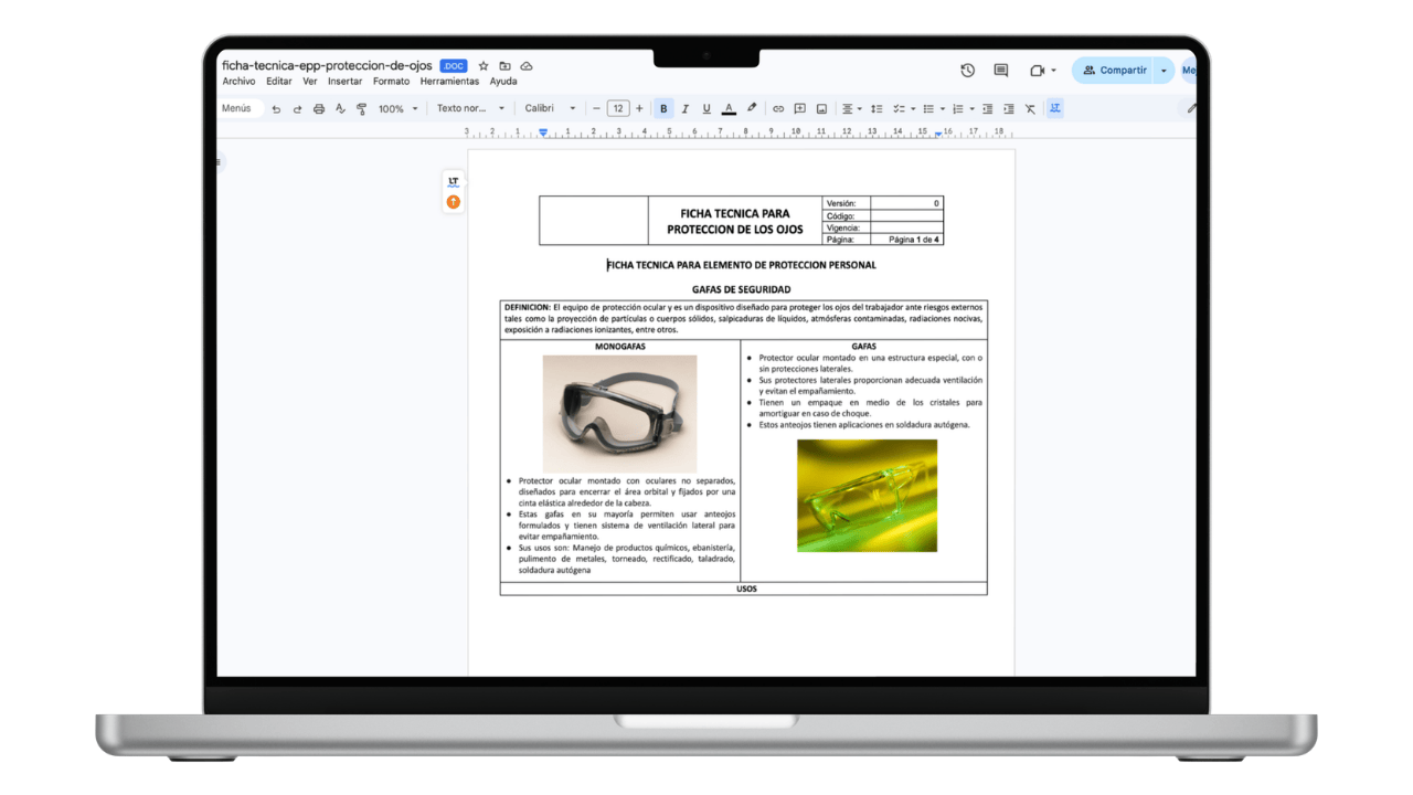 Vista previa de Ficha Técnica EPP: Protección Visual (Gafas y Monogafas)