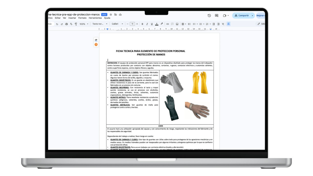 Vista previa de Ficha Técnica EPP: Protección de Manos y Guantes