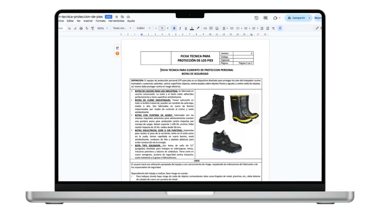 Vista previa de Ficha Técnica EPP: Calzado y Botas de Seguridad