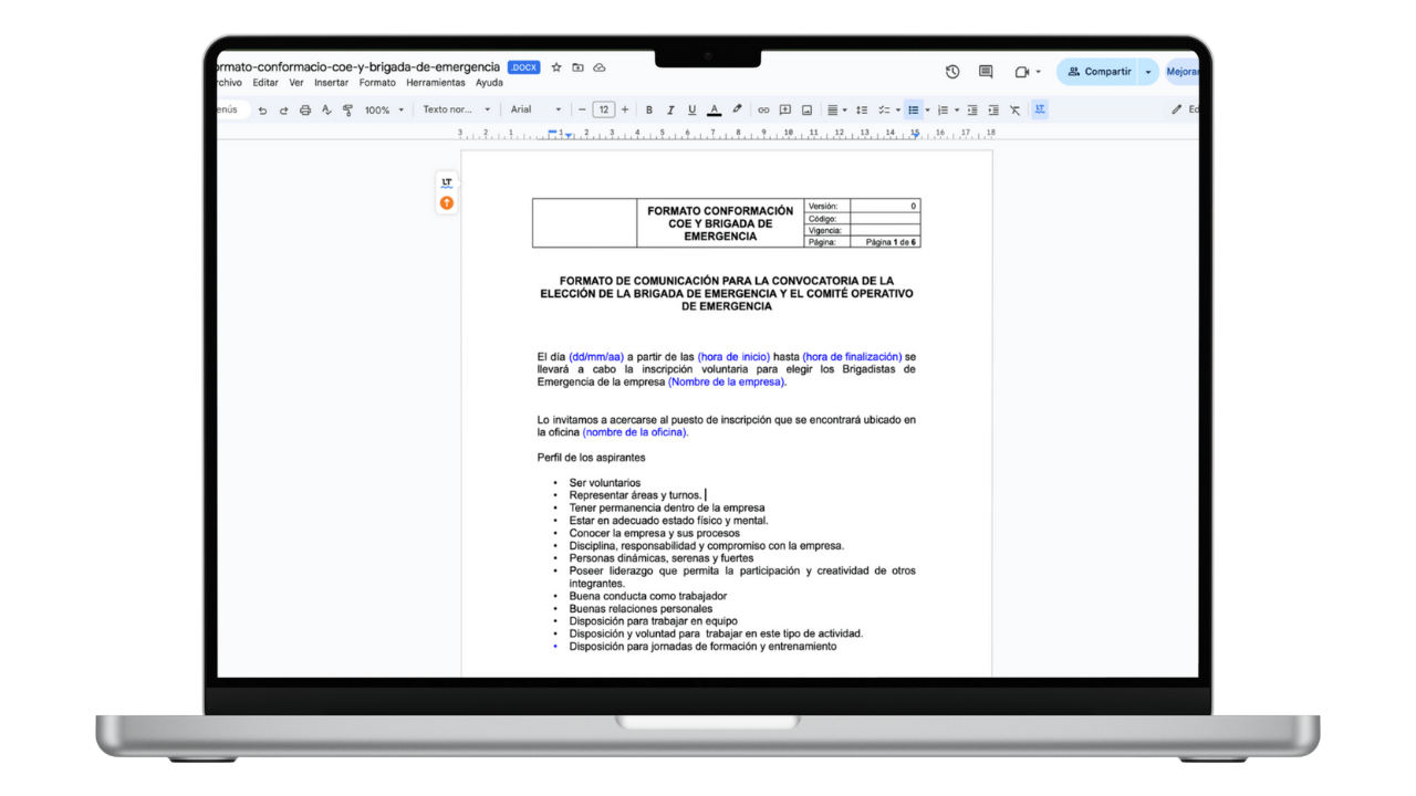 Vista previa de Formato de Conformación del COE y Brigada de Emergencia (Word)