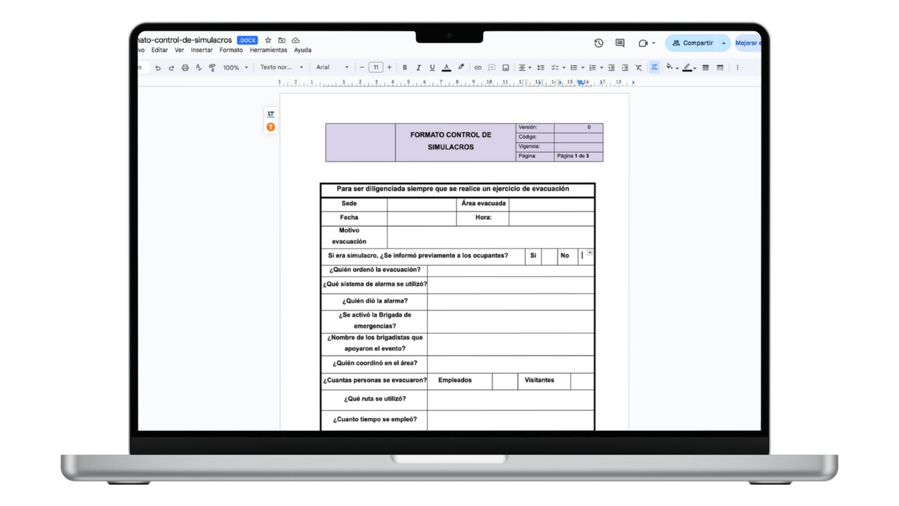 Vista previa de Formato de Control y Evaluación de Simulacros (Word)