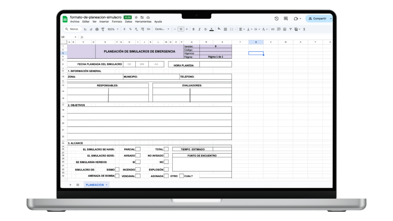 Vista previa de Formato de Planeación de Simulacros de Emergencia (Excel)