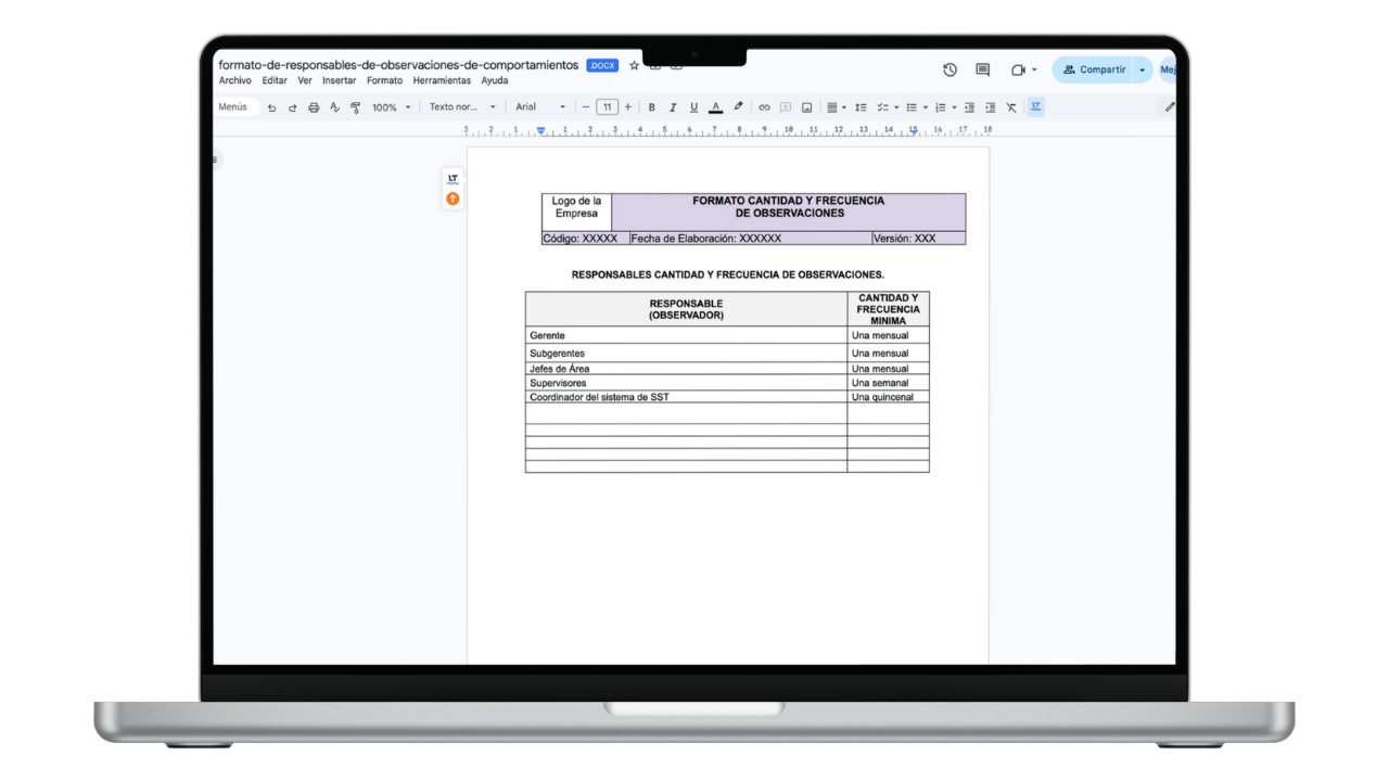 Vista previa de Formato: Responsables de Observación de Comportamientos (BBS)