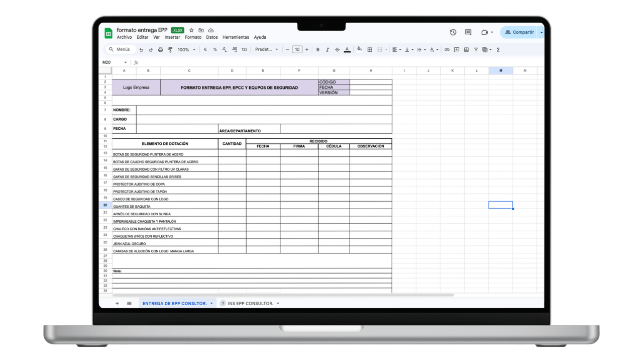Vista previa de Acta de Entrega de Dotación y EPP