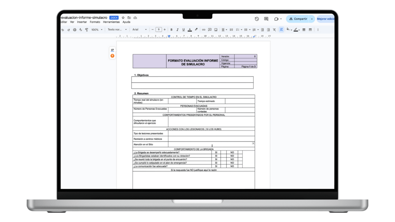 Vista previa de Formato de Informe de Evaluación de Simulacro (Word)