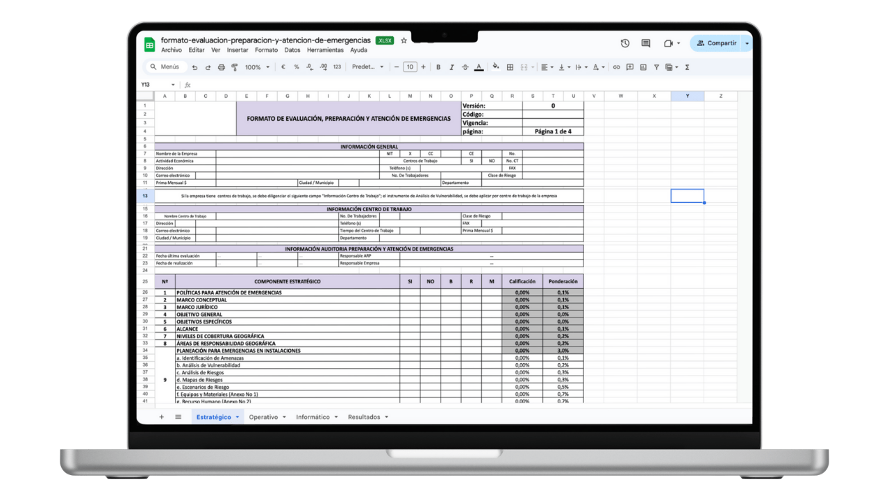 Vista previa de Formato de Evaluación del Plan de Preparación y Atención de Emergencias (Excel)
