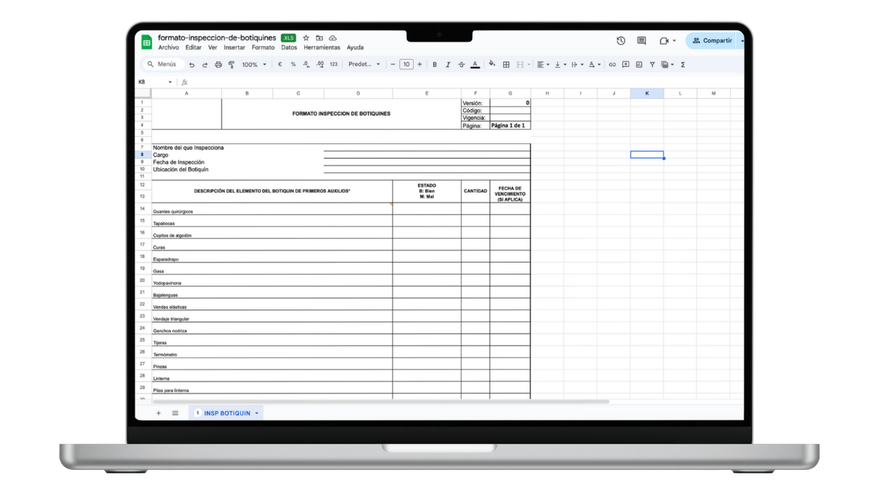 Vista previa de Formato de Inspección de Botiquines (Excel)
