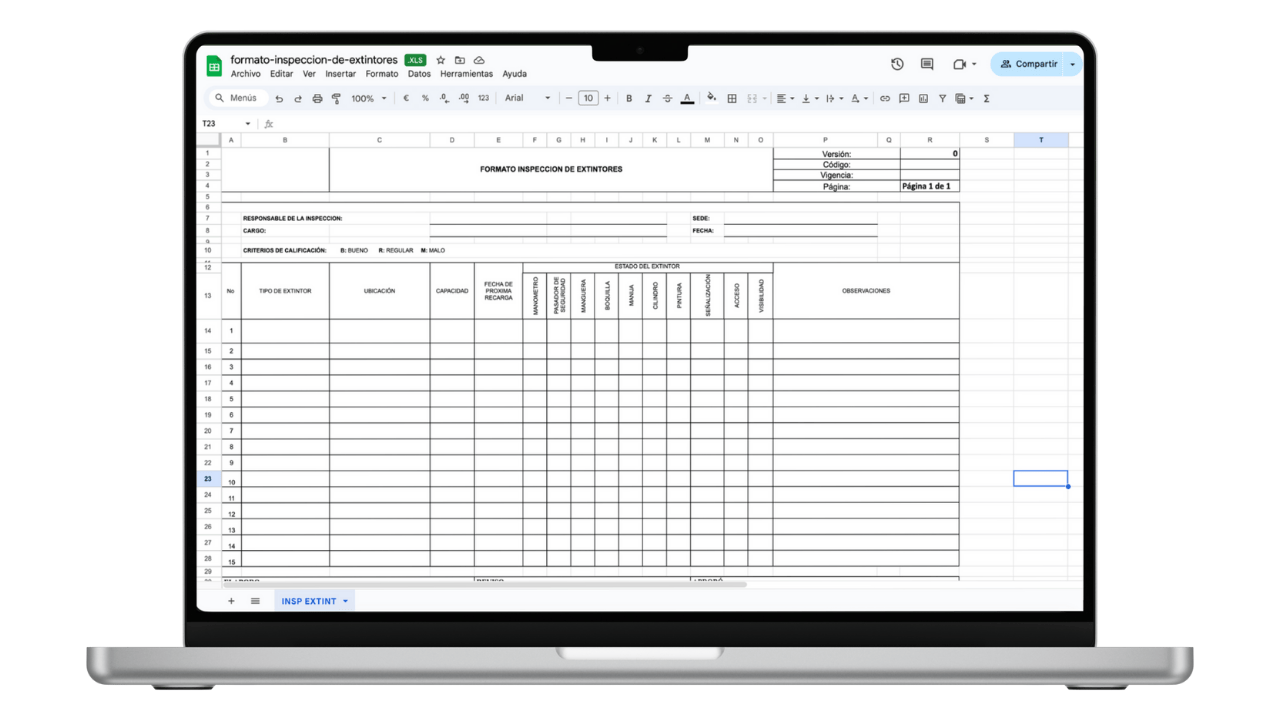 Vista previa de Formato de Inspección de Extintores (Excel)