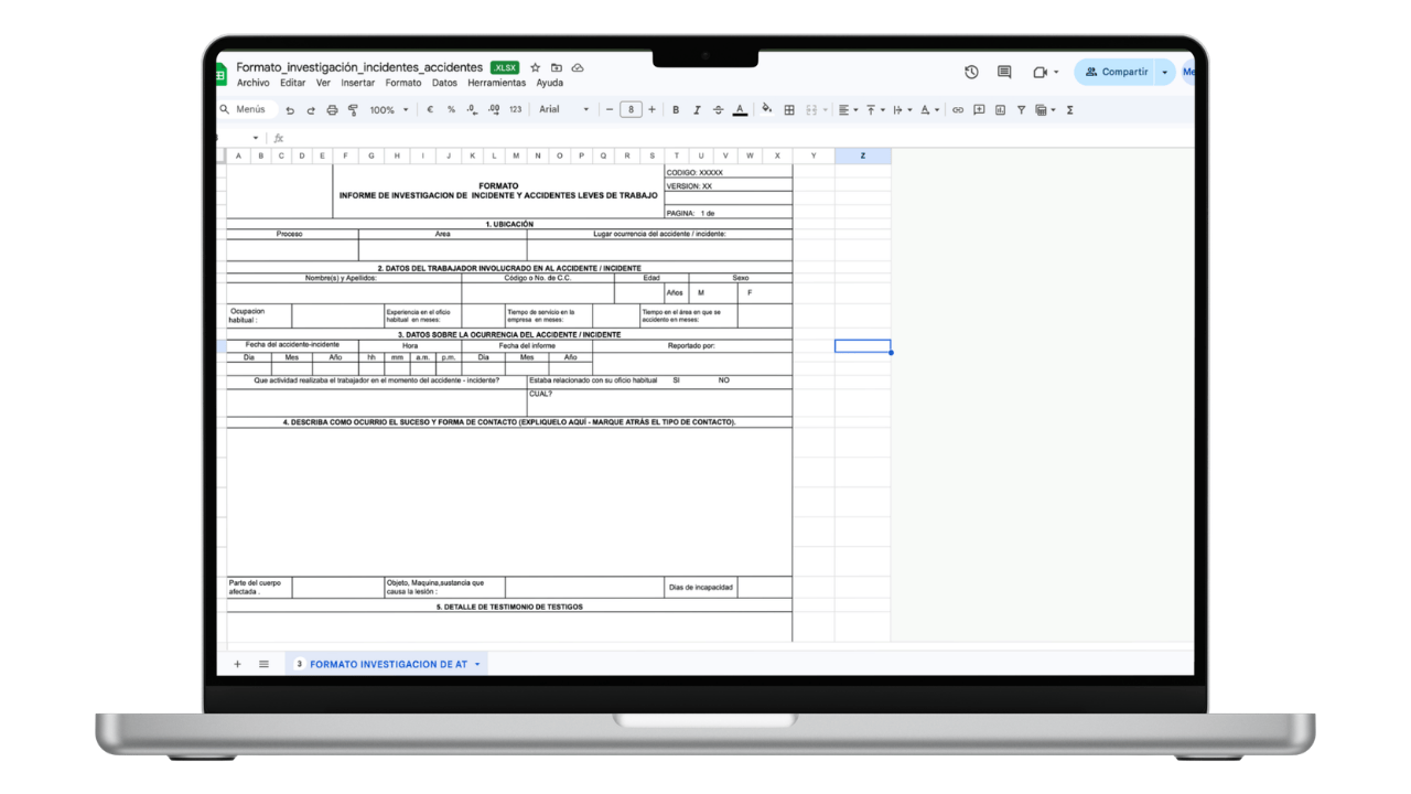 Vista previa de Formato de Investigación de Incidentes y Accidentes (Excel)