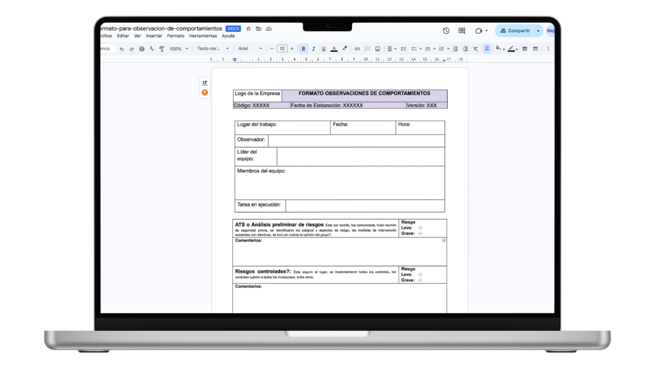 Vista previa de Formato de Observación de Comportamientos Seguros