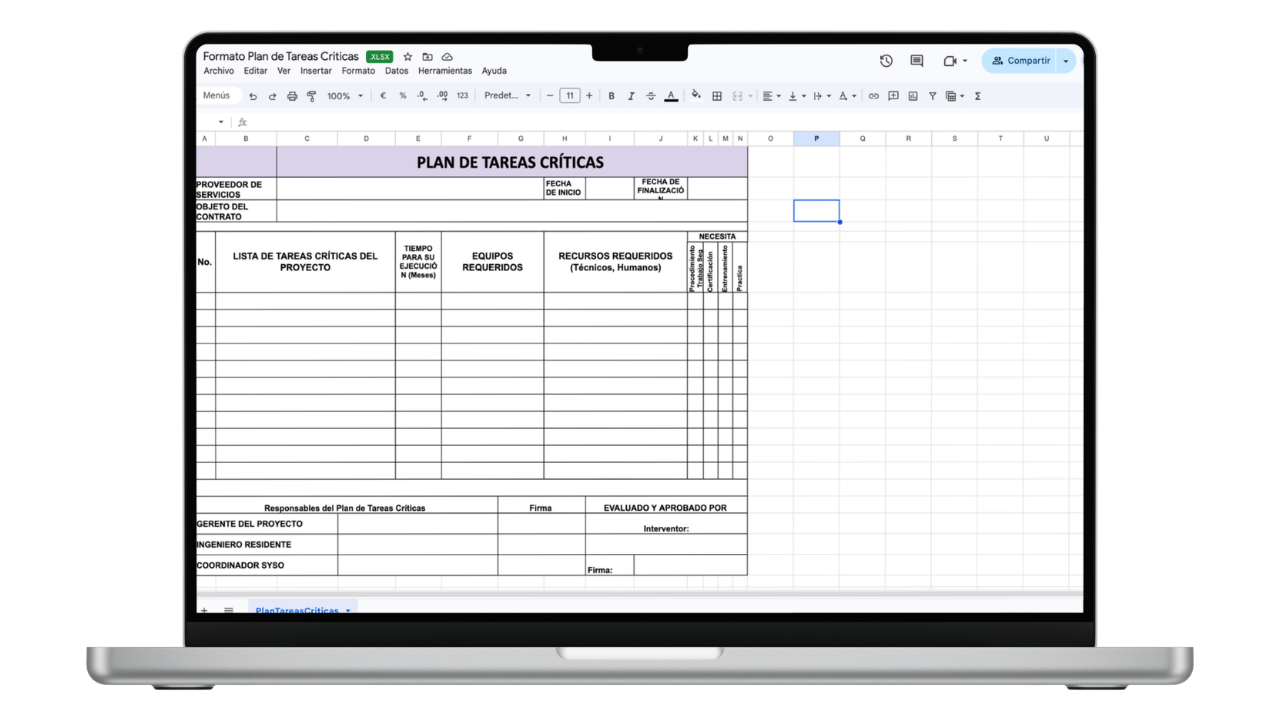 Vista previa de Formato Plan de Tareas Críticas SST