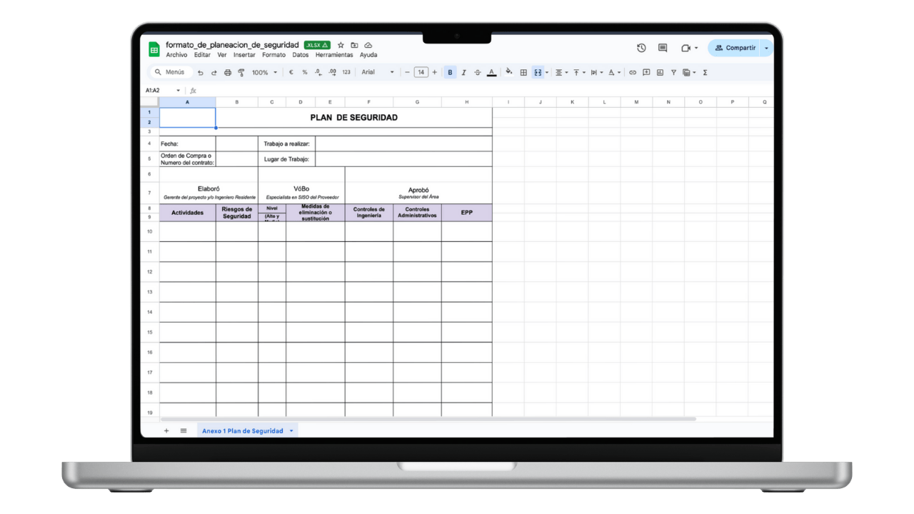 Vista previa de Formato de Planeación de Seguridad y Análisis de Riesgos (Excel)