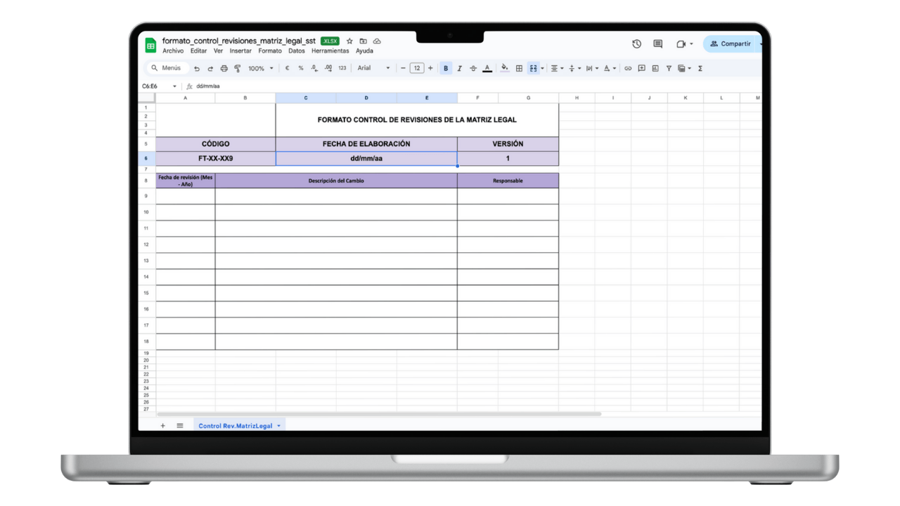 Vista previa de Formato de Control de Revisiones de la Matriz Legal (Excel)