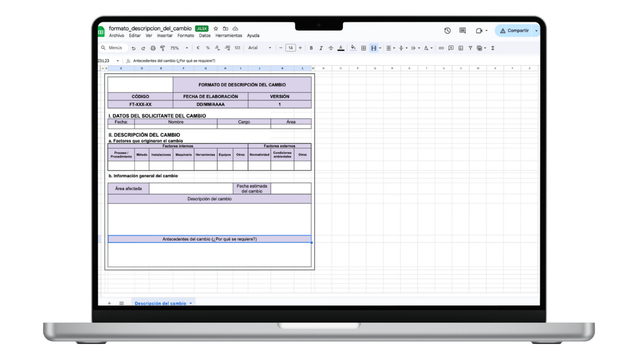 Vista previa de Formato de Descripción del Cambio (Solicitud)