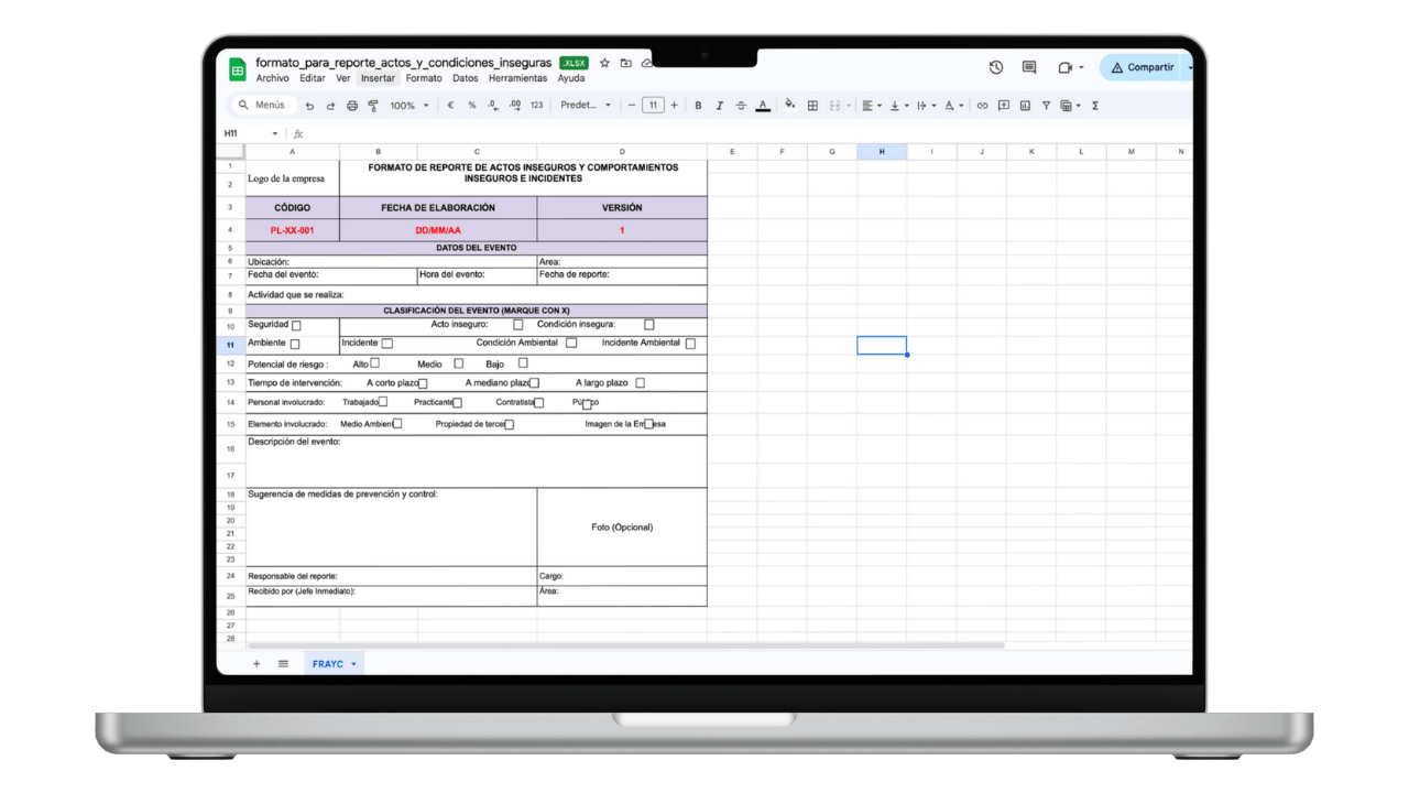 Vista previa de Formato para Reporte de Actos y Condiciones Inseguras