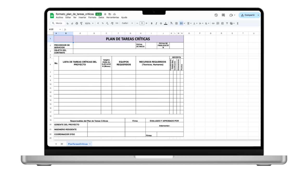 Vista previa de Formato de Plan de Tareas Críticas (Excel)