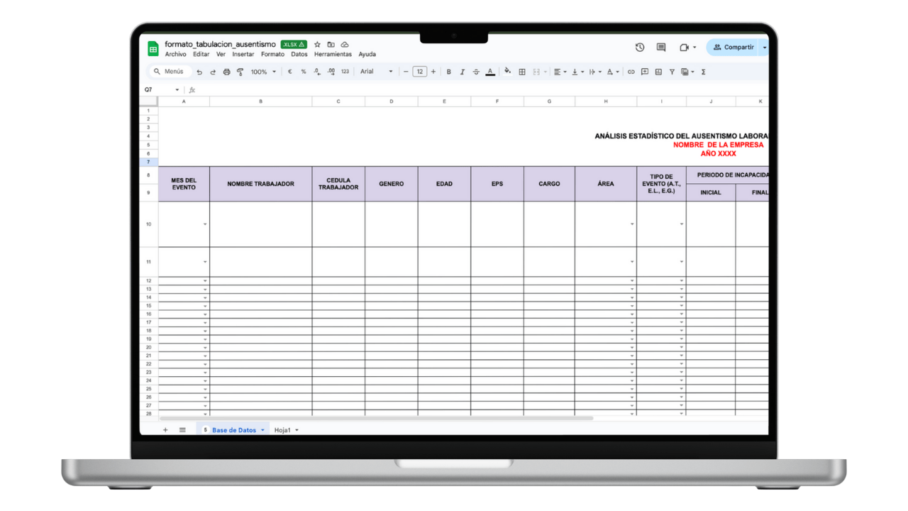 Vista previa de Formato de Tabulación de Ausentismo Laboral (Excel)