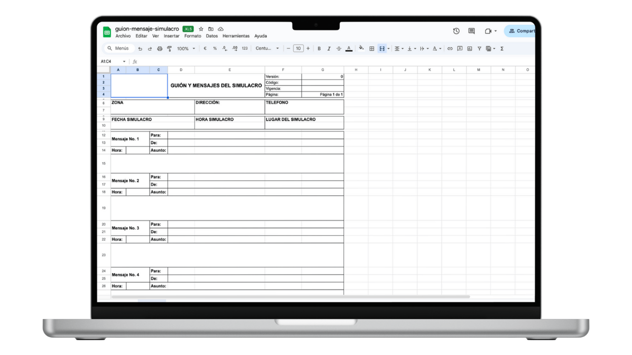 Vista previa de Guion y Mensajes para Simulacros de Emergencia (Excel)