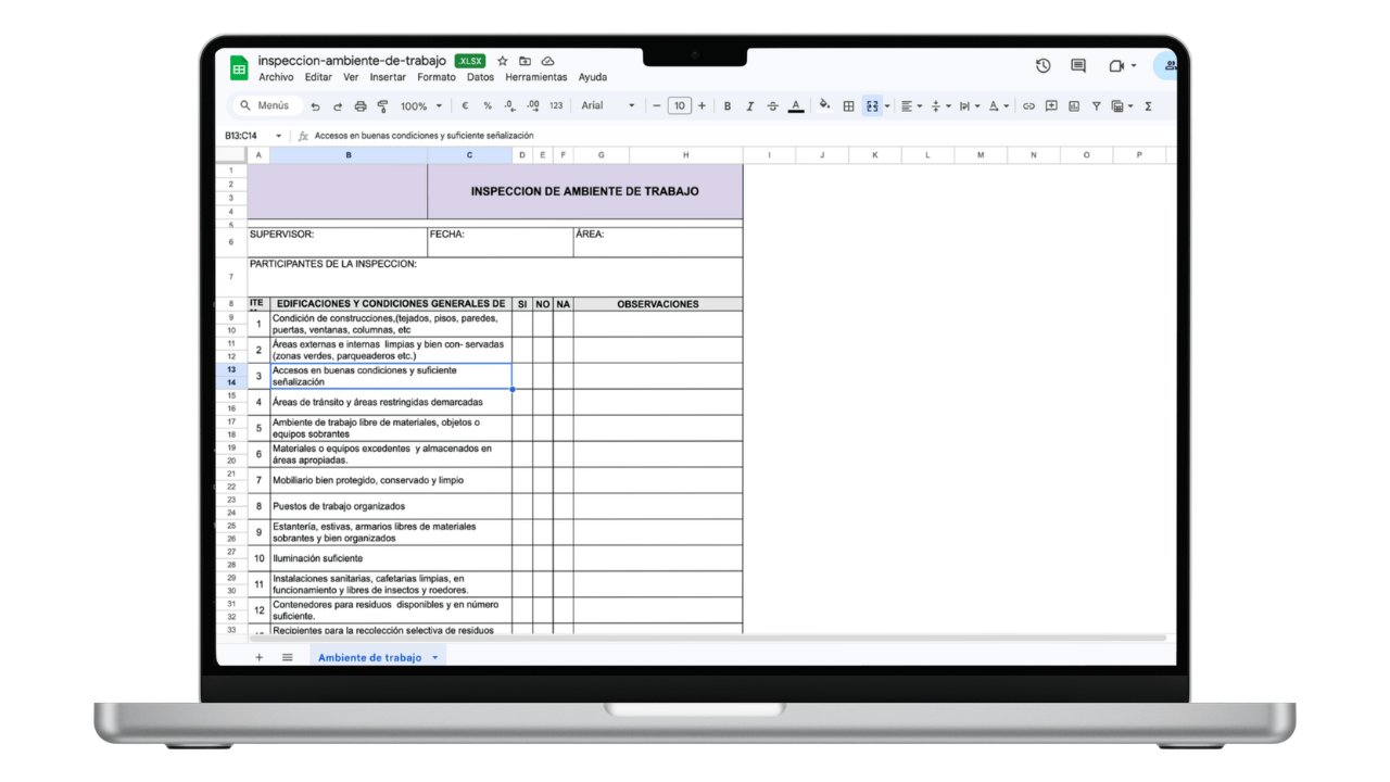 Vista previa de Checklist: Inspección de Ambiente de Trabajo