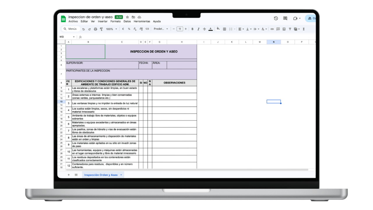 Vista previa de Formato de Inspección de Orden y Aseo (Metodología 5S)
