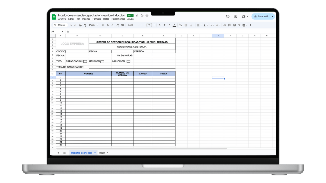 Vista previa de Listado de Asistencia para Capacitaciones, Reuniones e Inducciones (Excel)