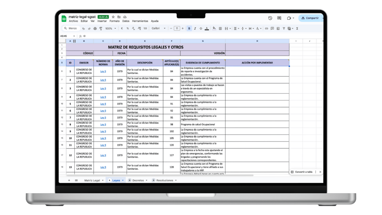 Vista previa de Matriz de Requisitos Legales SG-SST (Excel)