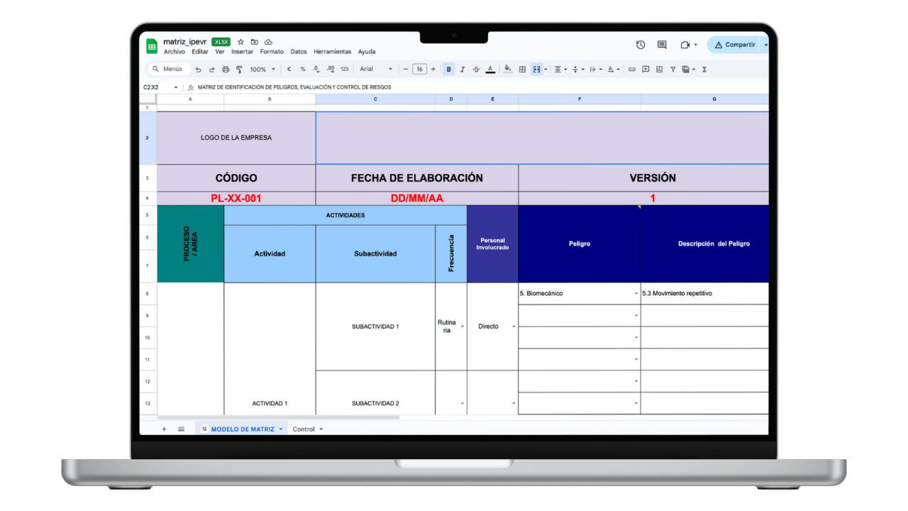 Vista previa de Matriz IPEVR GTC 45 (Identificación de Peligros y Valoración de Riesgos)