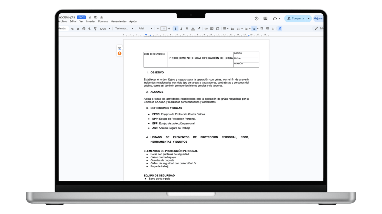 Vista previa de Plantilla de Procedimiento de Trabajo Seguro (PTS)