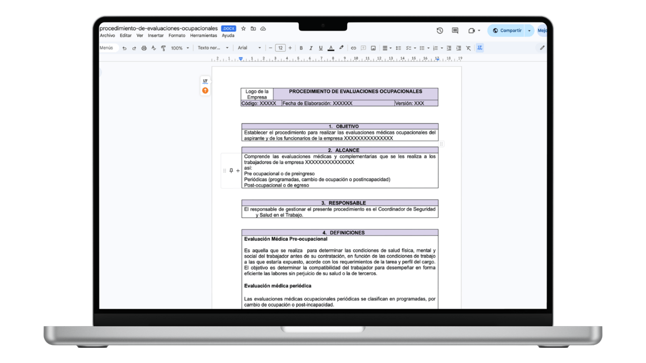 Vista previa de Procedimiento de Evaluaciones Médicas Ocupacionales