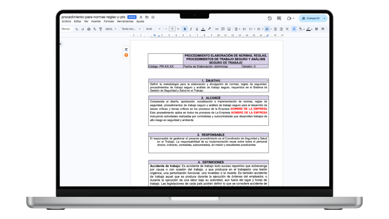 Vista previa de Procedimiento para Crear Normas y PTS