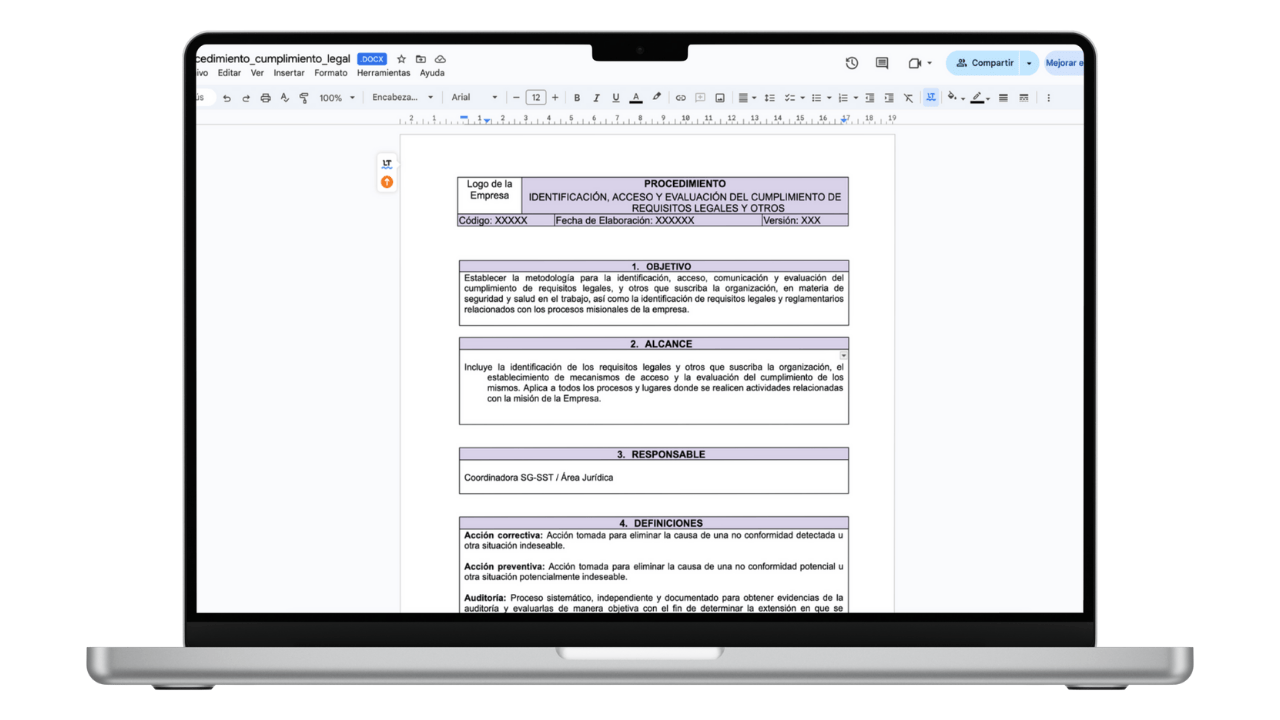 Vista previa de Procedimiento de Cumplimiento Legal y Normativo (Word)