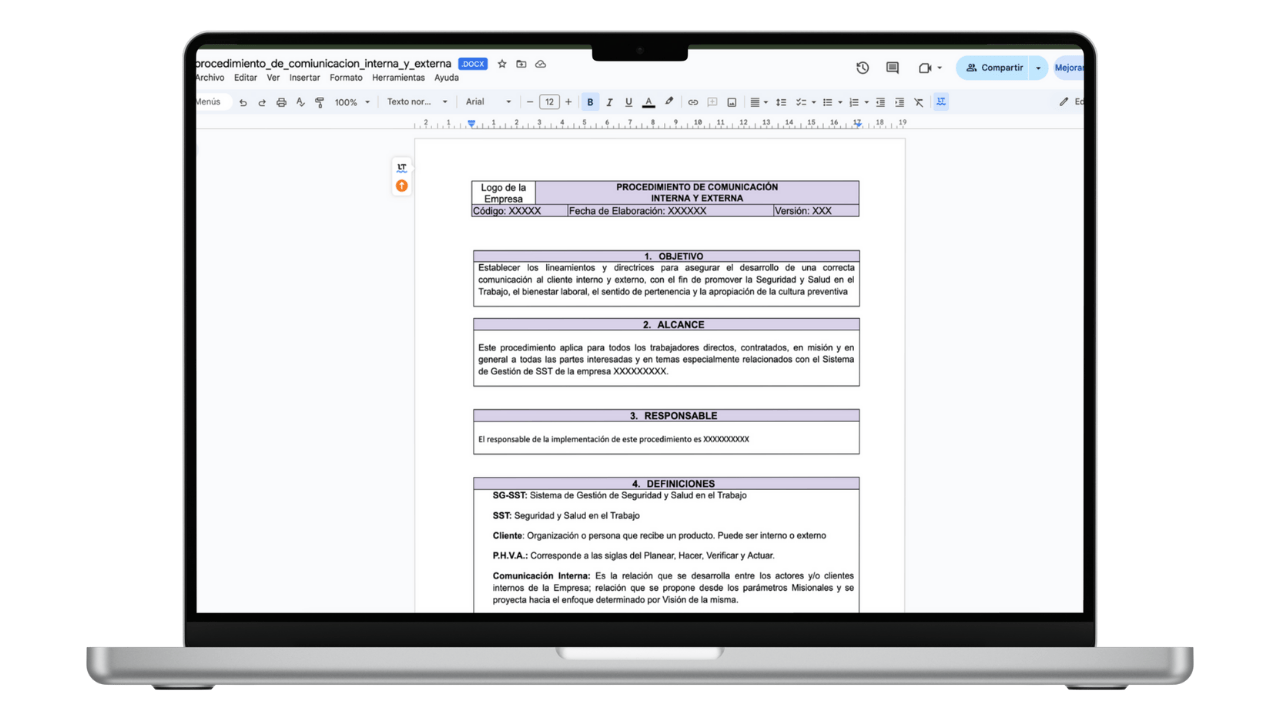 Vista previa de Procedimiento de Comunicación Interna y Externa SST (Word)