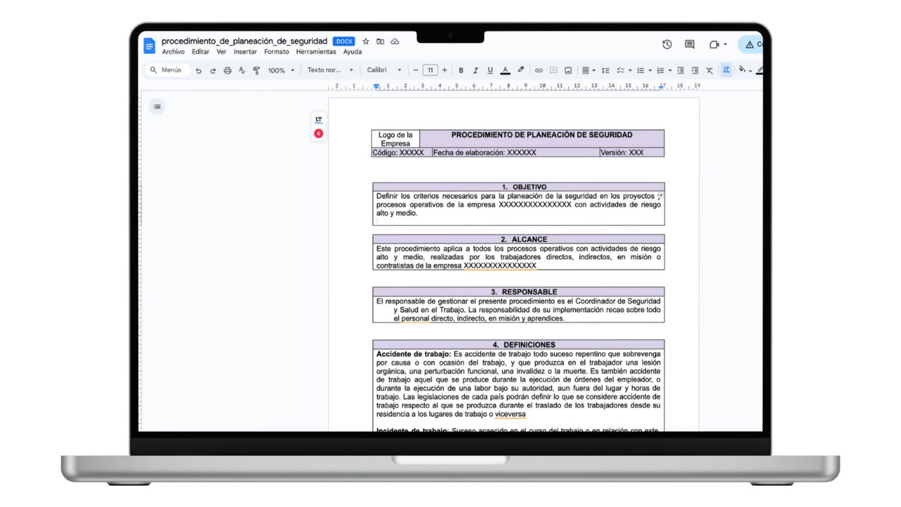 Vista previa de Procedimiento de Planeación de Seguridad (Word)