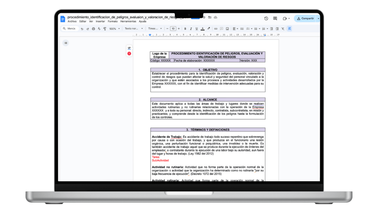 Vista previa de Procedimiento de Identificación de Peligros y Valoración de Riesgos (IPEVR)