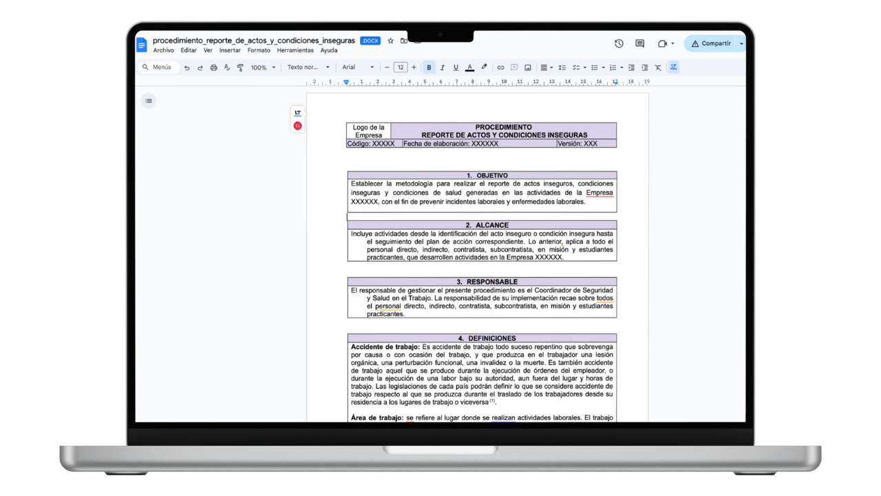 Vista previa de Procedimiento de Reporte de Actos y Condiciones Inseguras