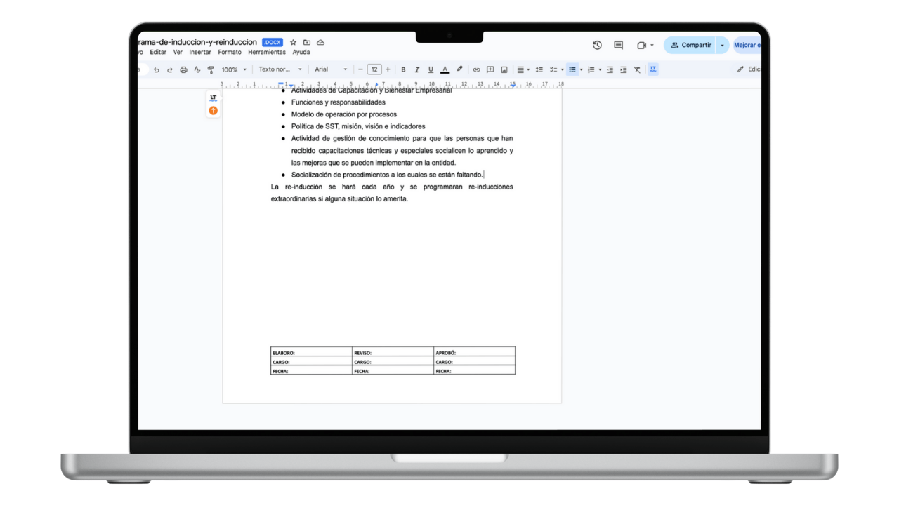 Vista previa de Programa de Inducción y Reinducción SST (Word)