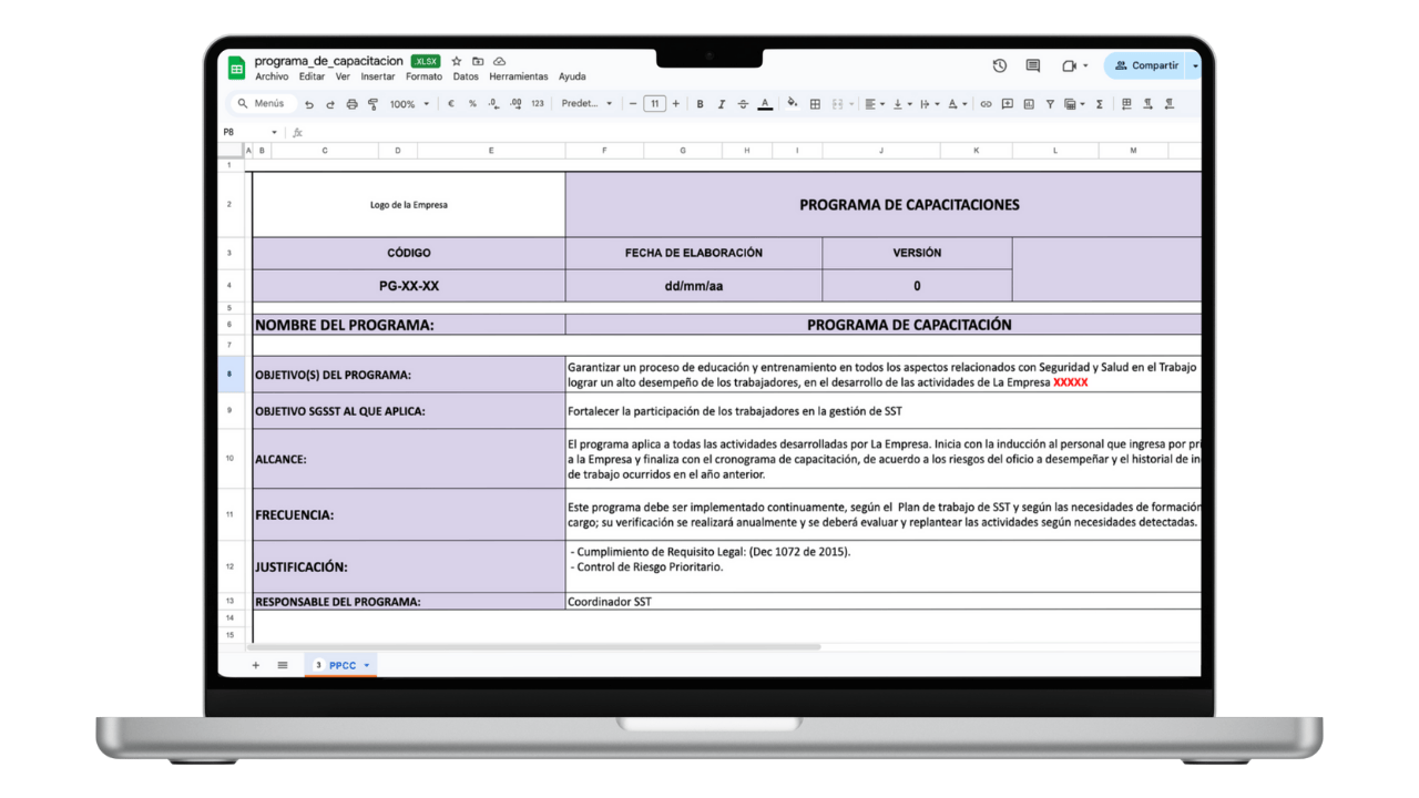 Vista previa de Programa de Capacitación Anual SST (Excel)