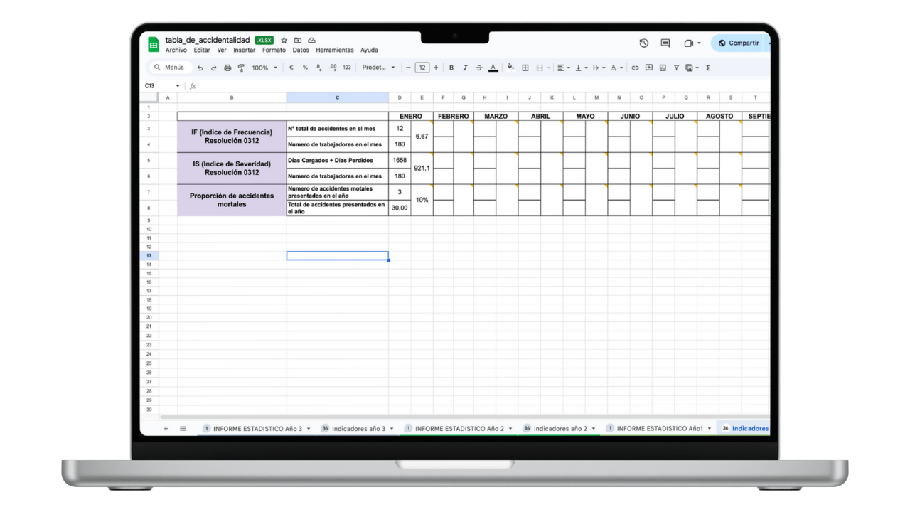 Vista previa de Tabla de Indicadores de Accidentalidad (Excel)